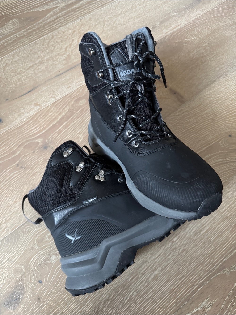 Excellent Condition Eddie Bauer Men's Black Hiking Boots with Gray Accents